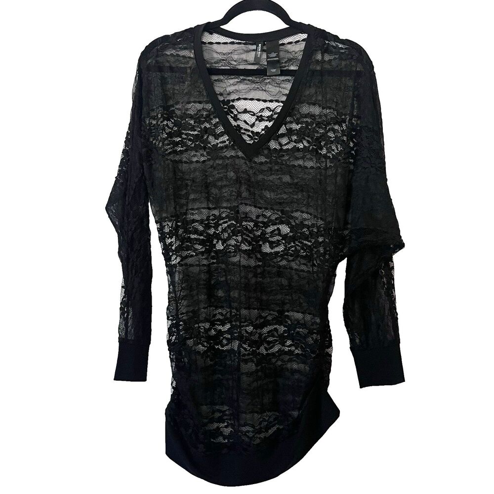 Y2K BISOU BISOU‎  GOTHIC BLACK  FLORAL LACE  TUNIC BLOUSE  TOP STRETCH L